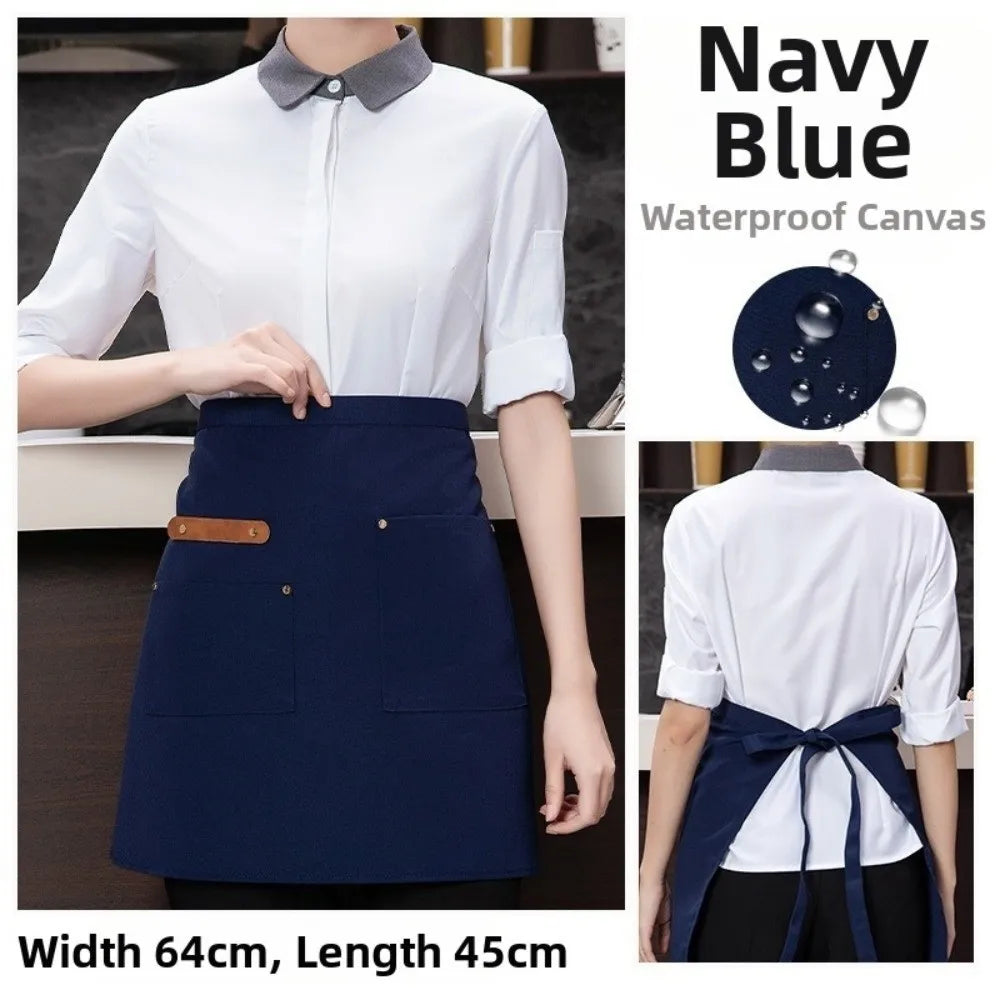 Canvas Half Apron Multi-Pocket Waterproof Kitchen Restaurant Kitchen Apron Richie's Dark Blue-Short