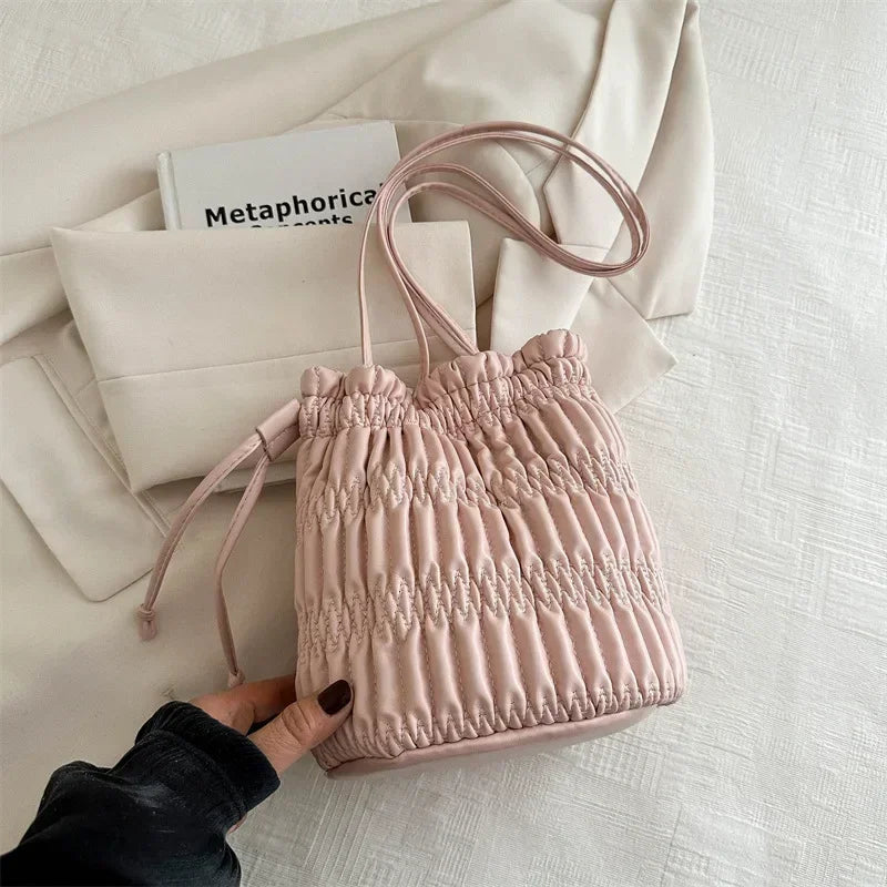 Silver Pleated Drawstring Bucket Bag – Soft PU Leather Purse Shoulder Bucket Bag Richie's Pink