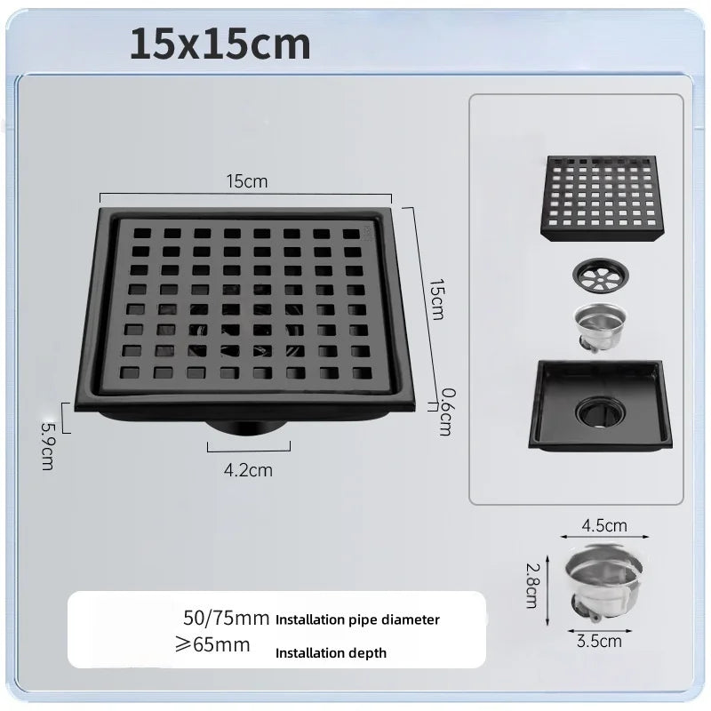 Stainless Steel Tile Insert Floor Drain 150mm – Anti-Odor Floor Drain Richie's black 15x15cm