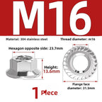 304 SS Hex Flange Nuts M3–M8 Anti-Loosening Serrated Hex Flange Nuts Richie's 304M16 1pc