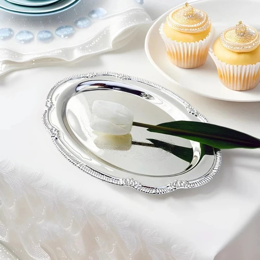 Vintage Embossed Silver Oval Tray – Metal Snack & Dessert Plate Metal Serving Tray Richie's