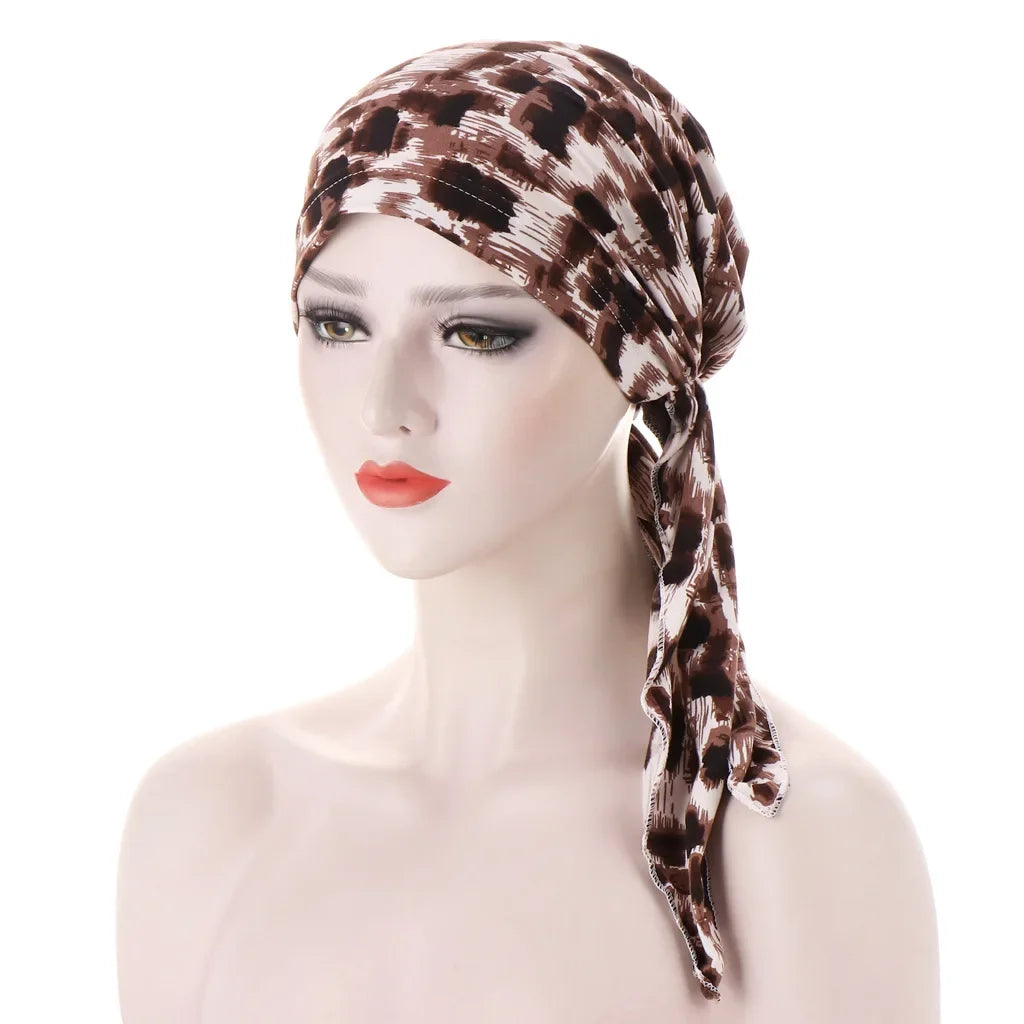 Women's Printed Pre-Tied Turban Cap Hijab Headscarf Bandana Turban Headscarf Cap Richie's Coffee leopard print
