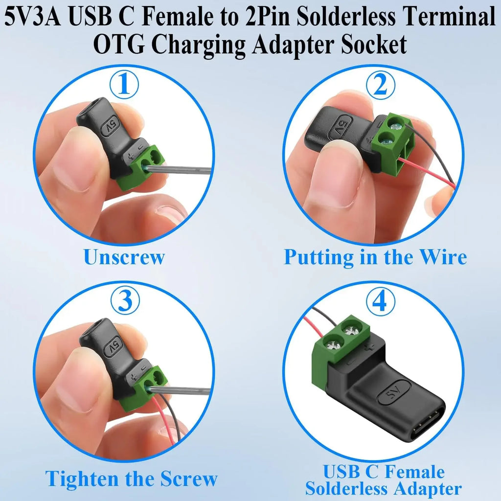USB Type-C & Micro 2-Pin Screw Terminal Solderless Adapter 5V USB Terminal Adapter Richie's