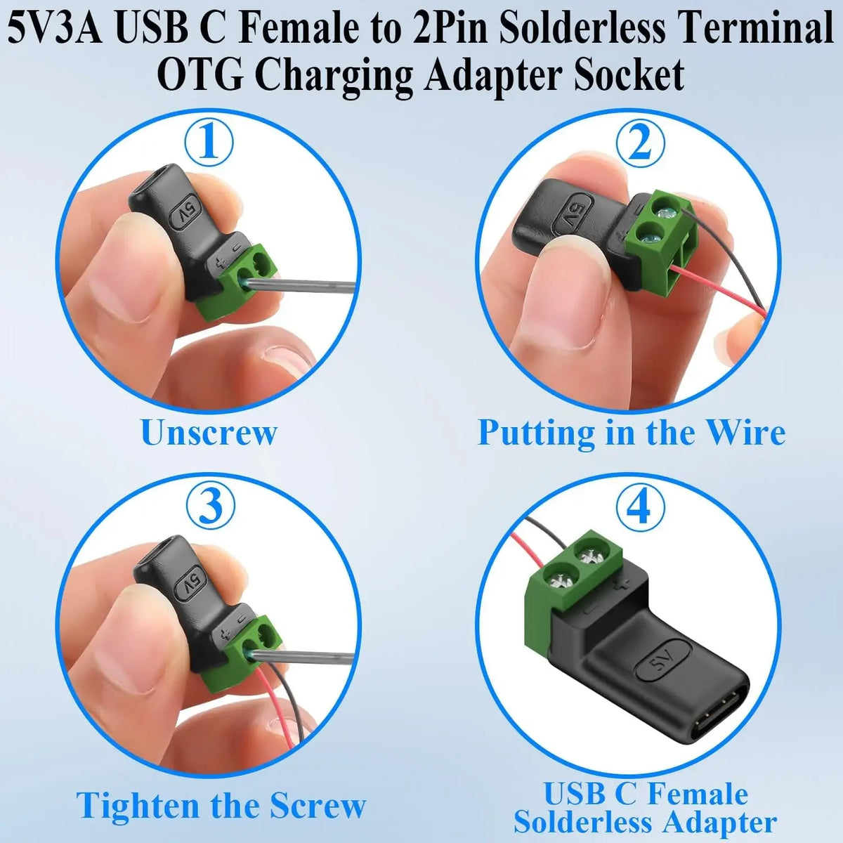 USB Type-C & Micro 2-Pin Screw Terminal Solderless Adapter 5V USB Terminal Adapter Richie's