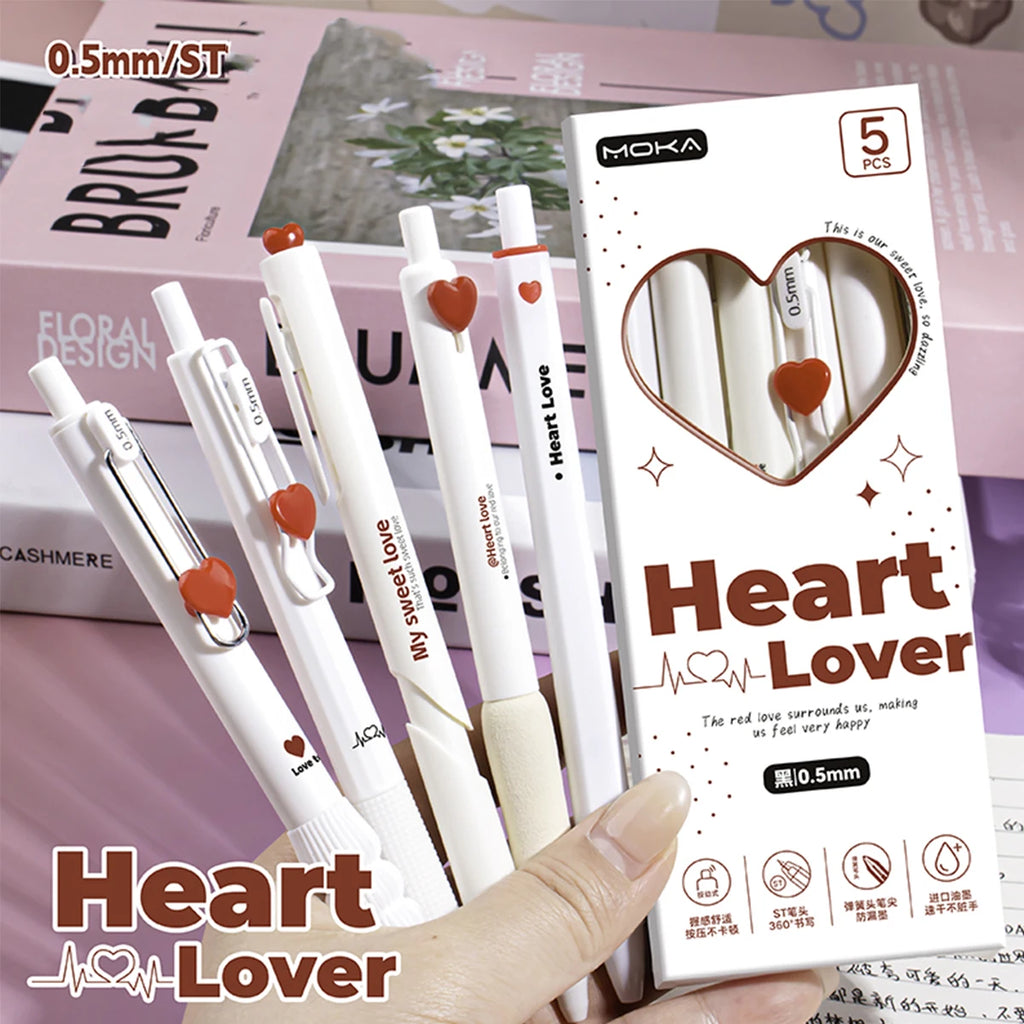 Heart Gel Pens Set 5pcs | 0.5mm Quick-Dry Retractable Black Ink Gel Pen Set Richie's black