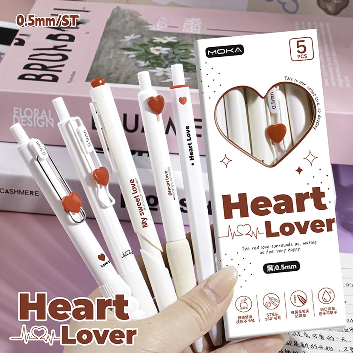 Heart Gel Pens Set 5pcs | 0.5mm Quick-Dry Retractable Black Ink Gel Pen Set Richie's black
