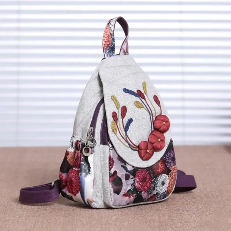 Ethnic Retro Linen Women's Backpack – Floral Applique Rucksack Women's Backpack Richie's