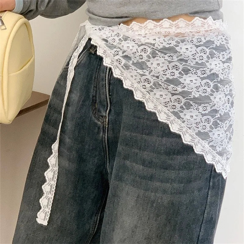 Women's Lace Trim Chiffon Triangle Mini Skirt Korean Style Mini Chiffon Skirt Richie's White