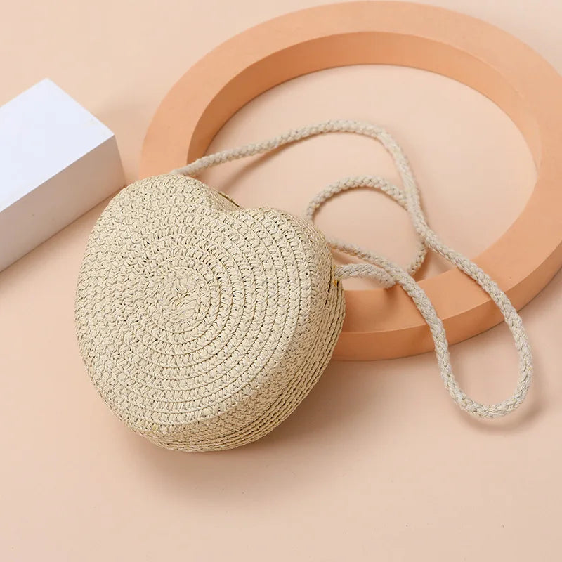 Woven Straw Crossbody Bag & Heart Coin Purse – Kids Beach Bag Woven Crossbody Bag Richie's beige 11x11x6cm