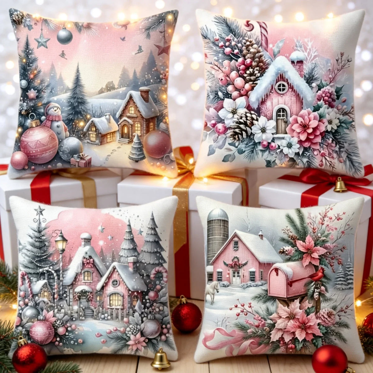 4-Piece Christmas Pillowcase Set – Poinsettia & Snowman Zipper Holiday Pillowcase Set Richie's