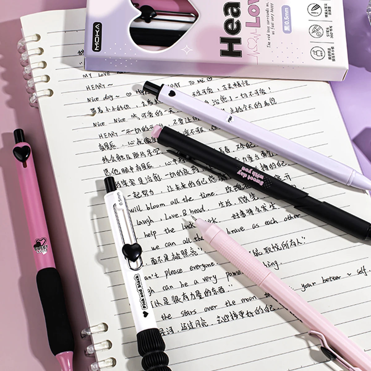 Heart Gel Pens Set 5pcs | 0.5mm Quick-Dry Retractable Black Ink Gel Pen Set Richie's