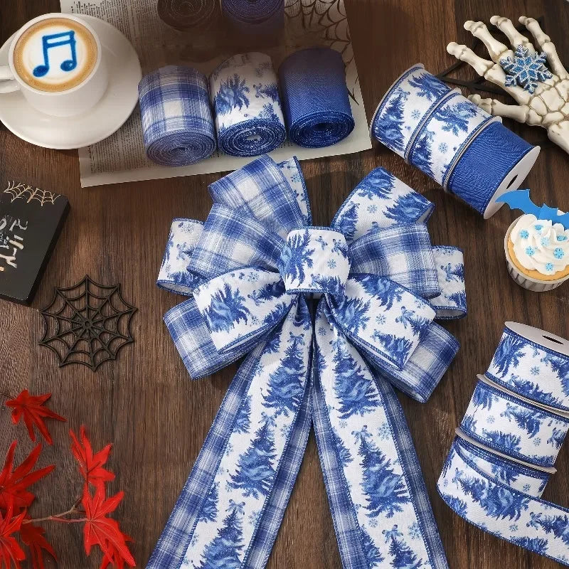 Christmas Wired Ribbon Blue White Stripe Snow Tree Pattern Christmas Craft Ribbon Richie's
