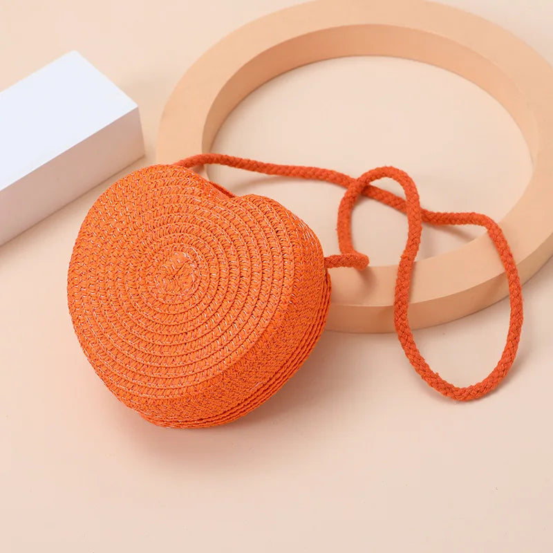 Woven Straw Crossbody Bag & Heart Coin Purse – Kids Beach Bag Woven Crossbody Bag Richie's orange 11x11x6cm