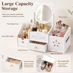 Cat Ear Makeup Organizer with Mirror & Drawers – White Makeup Organizer Richie's