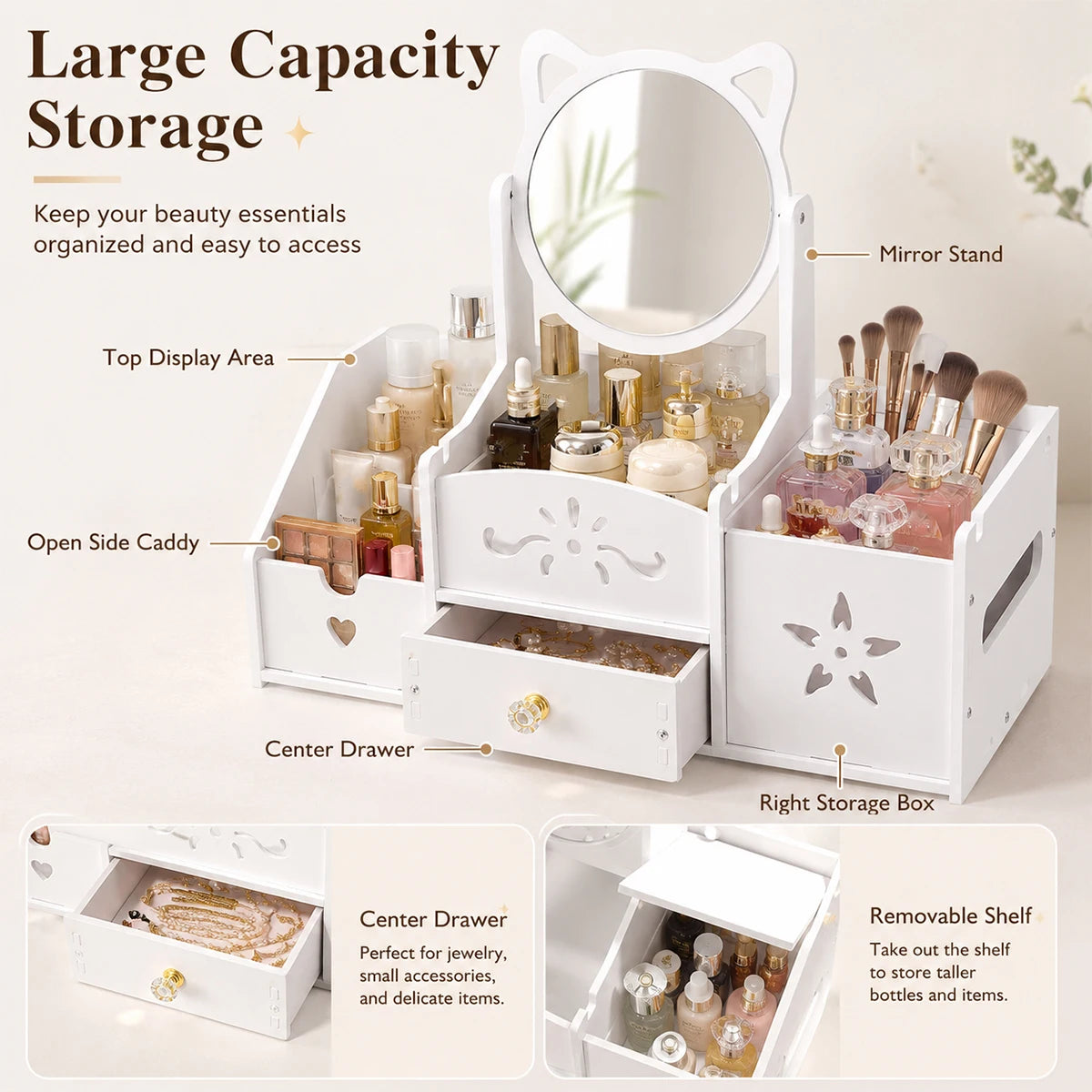 Cat Ear Makeup Organizer with Mirror & Drawers – White Makeup Organizer Richie's