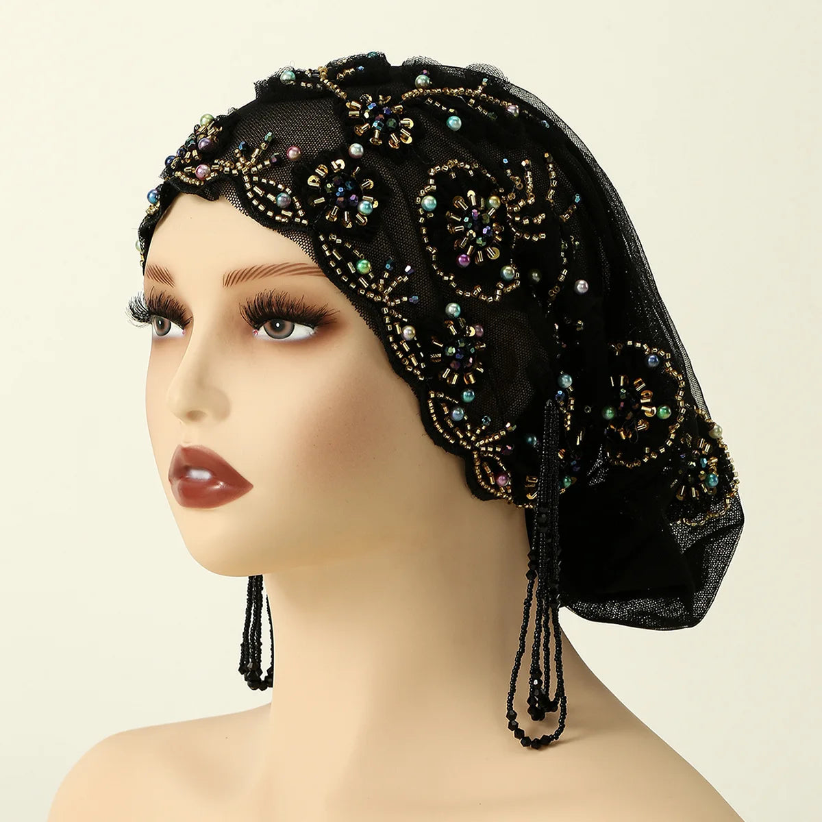 Muslim Pearl Lace Inner Cap – Elastic Islamic Headwear for Women Islamic Inner Cap Richie's 1 black gold