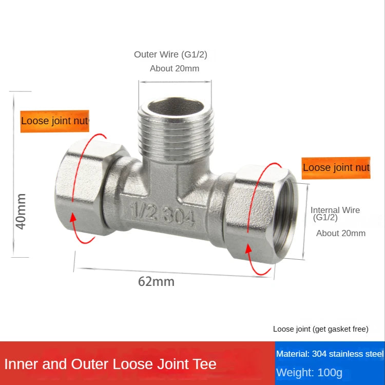 304 Stainless Steel Tee Swivel Pipe Fitting & Water Splitter 1/2" Pipe Tee Fitting Richie's 5