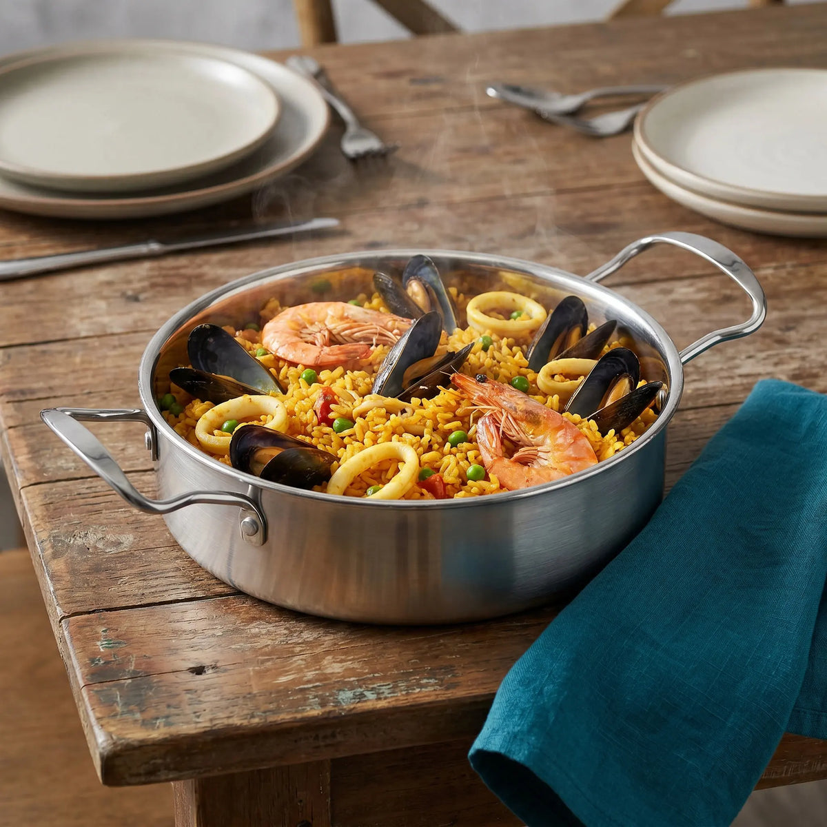 Stainless Steel Paella Pan 7.5" Double Handle Flat Bottom Frying Pot Paella Frying Pan Richie's