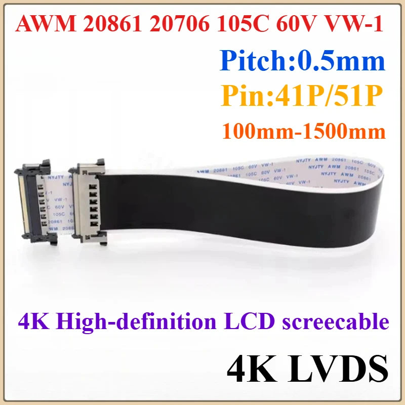 41/51 Pin 4K LVDS LCD FFC Cable 0.5mm Pitch AWM V-by-One FFC LCD Cable Richie's 4K-41P 600mm