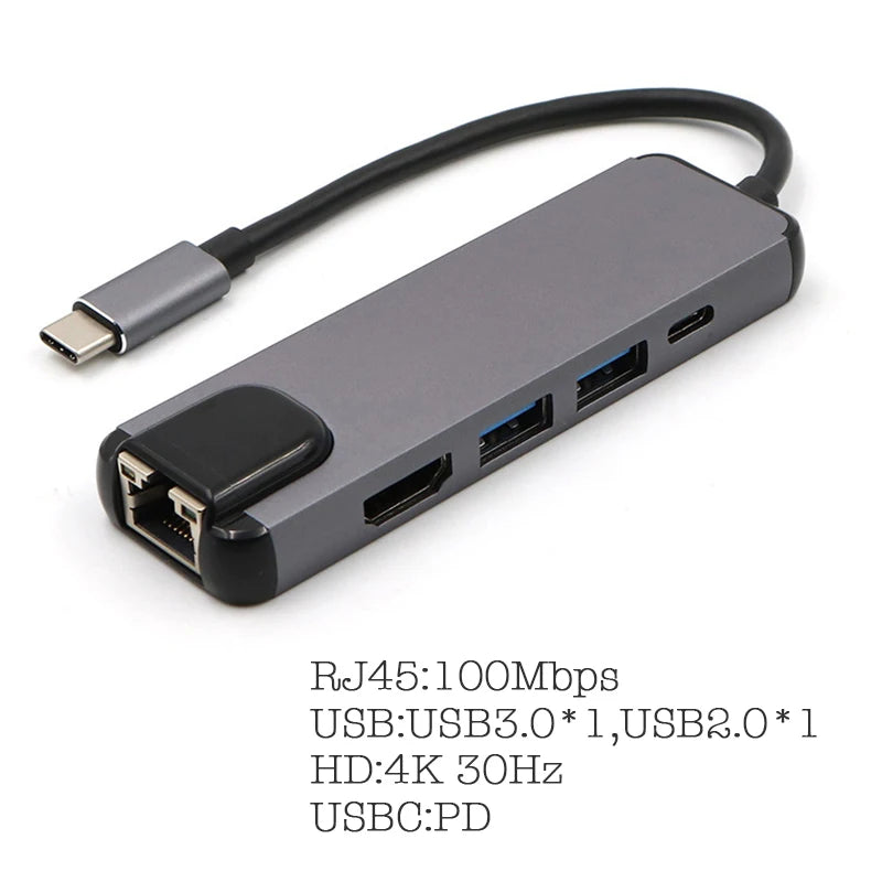 USB-C 5-in-1 Hub | HDMI 4K, Gigabit Ethernet, USB 3.0 & PD USB-C Multiport Hub Richie's 100M USB3.0 2.0