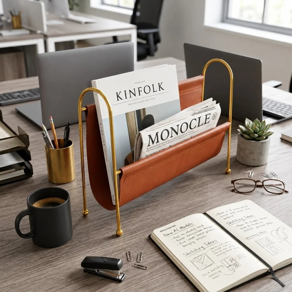 Gold Metal Frame Desktop Organizer with PU Leather | Home & Office Desktop Storage Organizer Richie's