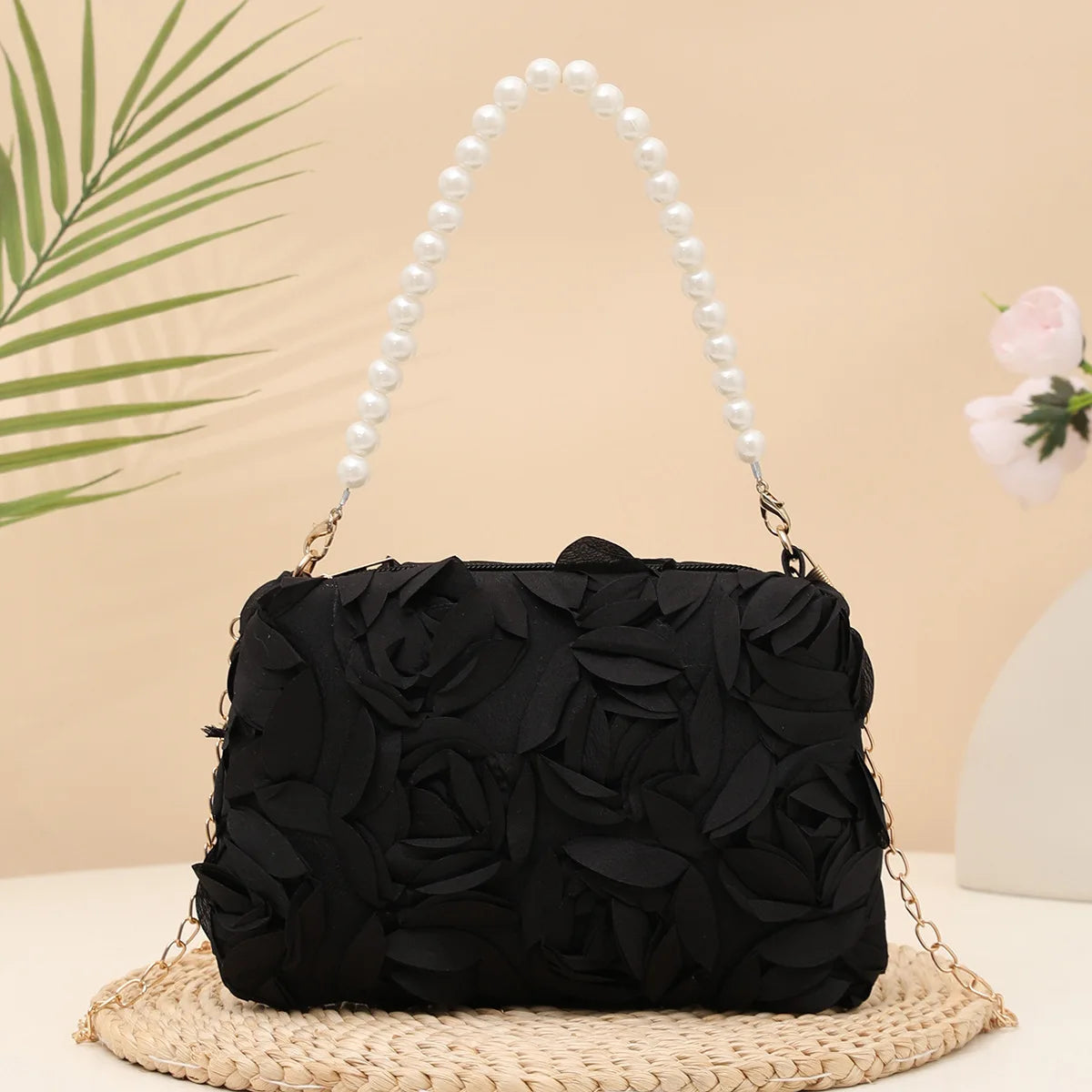 Chiffon 3D Flower Evening Bag Women Chain Shoulder Clutch Evening Clutch Bag Richie's Black