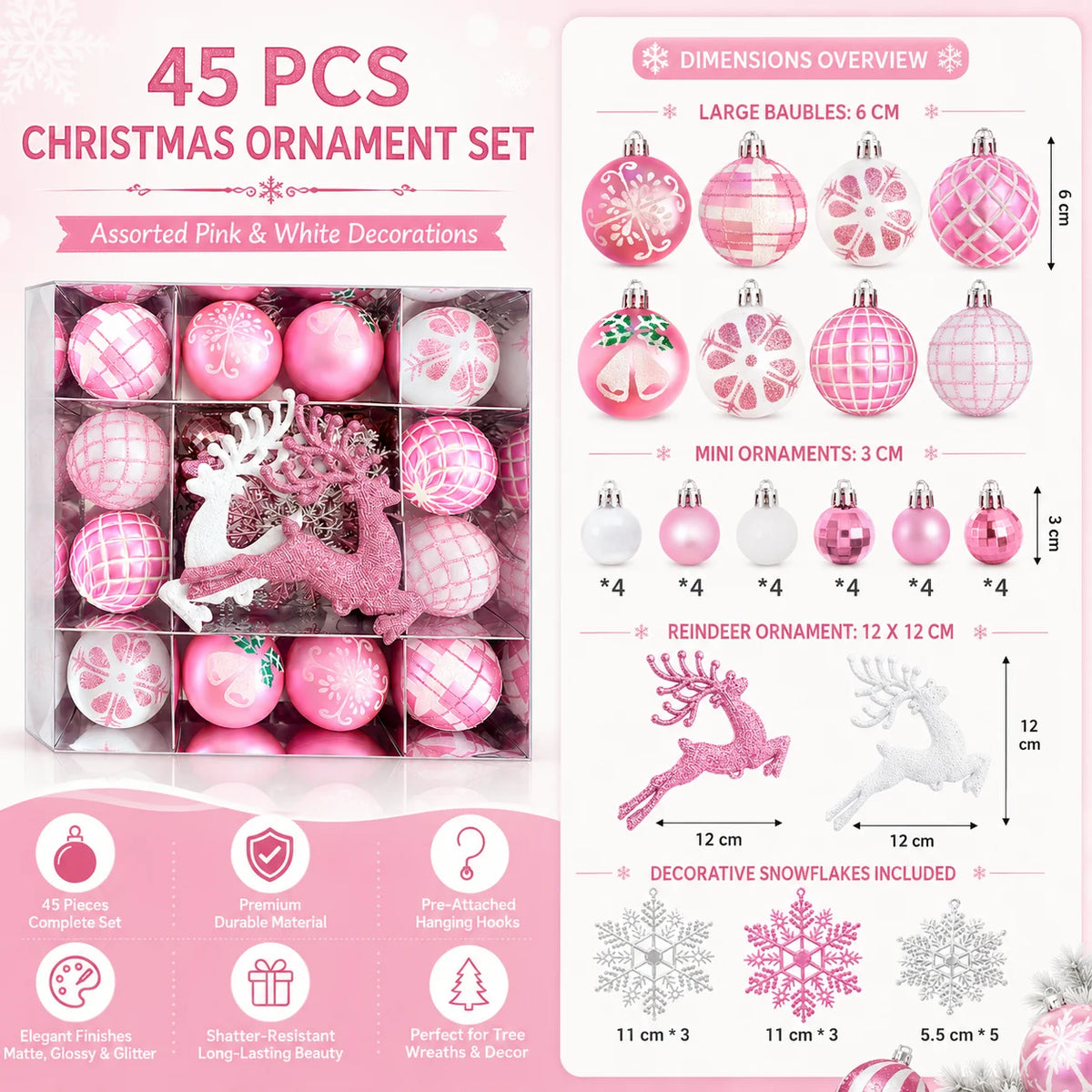45-Piece Pink & White Christmas Ornament Set – Reindeer Snowflake Christmas Ornament Set Richie's