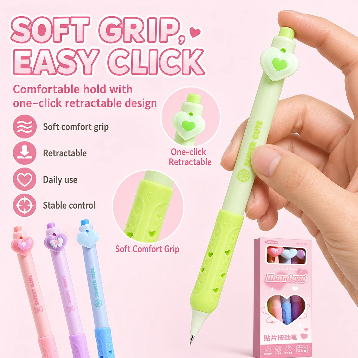 Kawaii Heart Gel Pens 4 Pack – Pastel Black Ink, Retractable Gel Pen Set Richie's