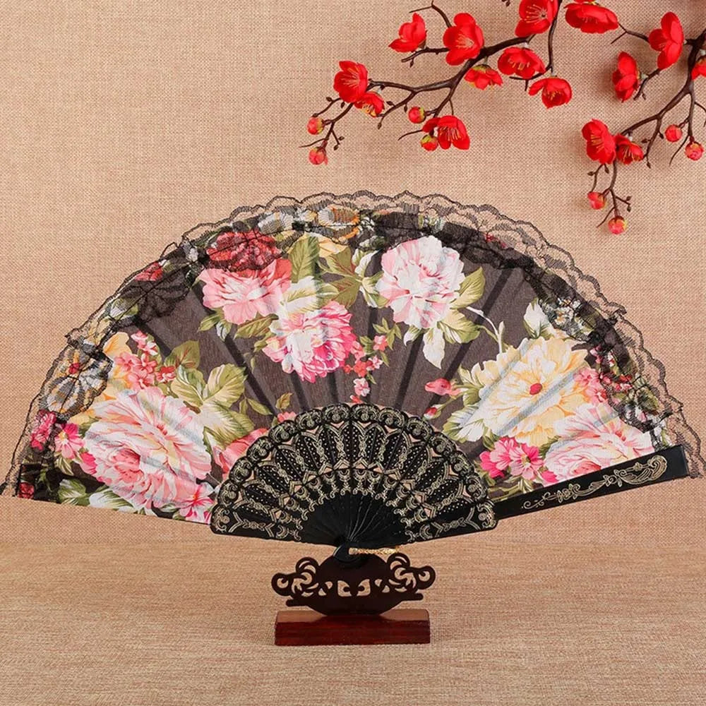 Elegant Foldable Lace Hand Fan – Floral Vintage Dance Party Decorative Hand Fan Richie's Black