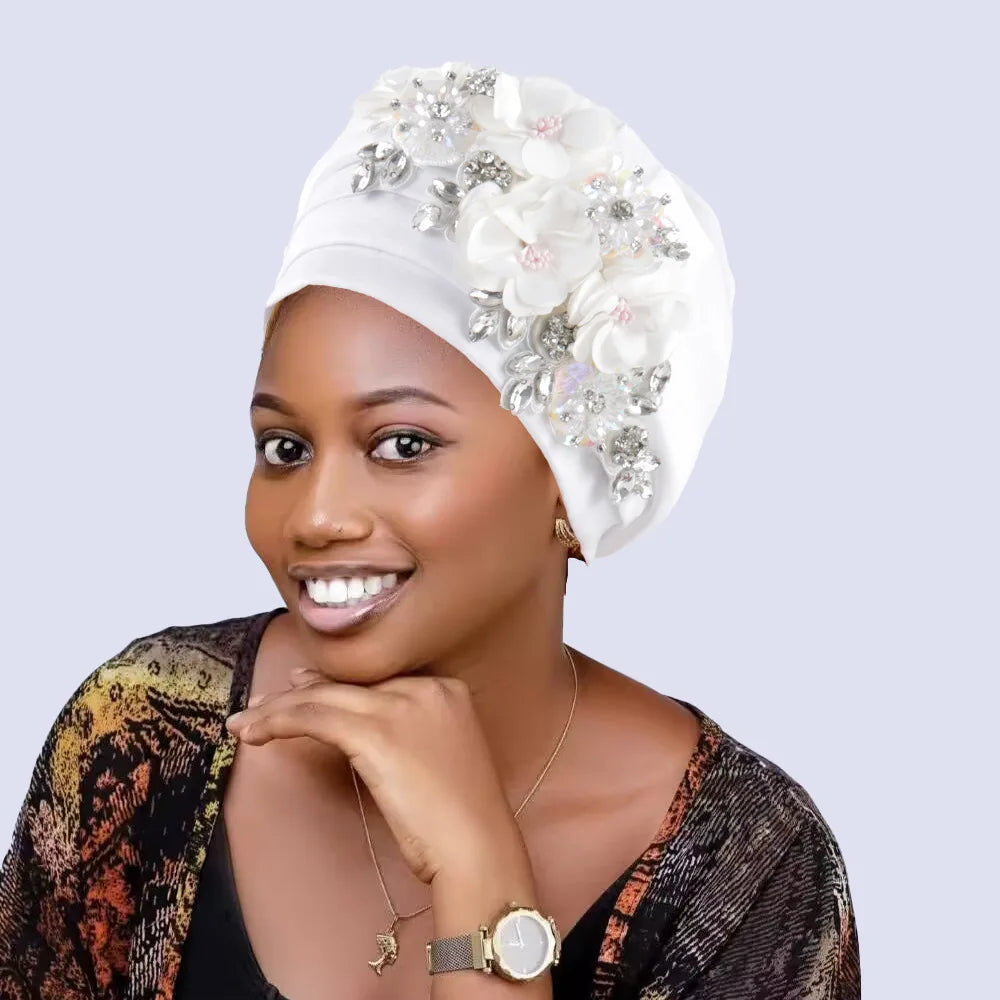Women's Crinkle Headwrap African Headtie Rhinestone Flower Cap Fashion Headwrap Richie's White