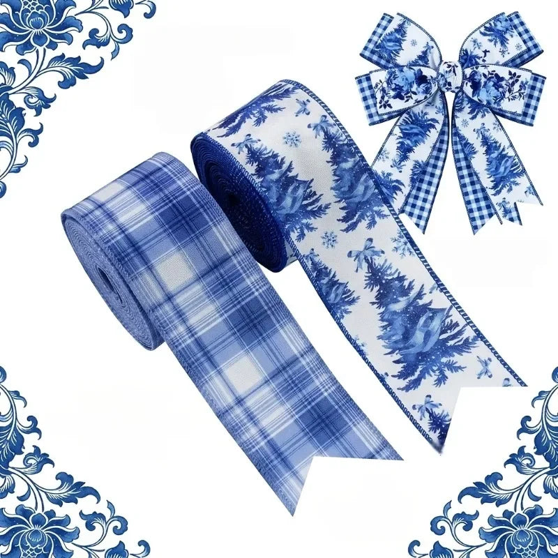 Christmas Wired Ribbon Blue White Stripe Snow Tree Pattern Christmas Craft Ribbon Richie's