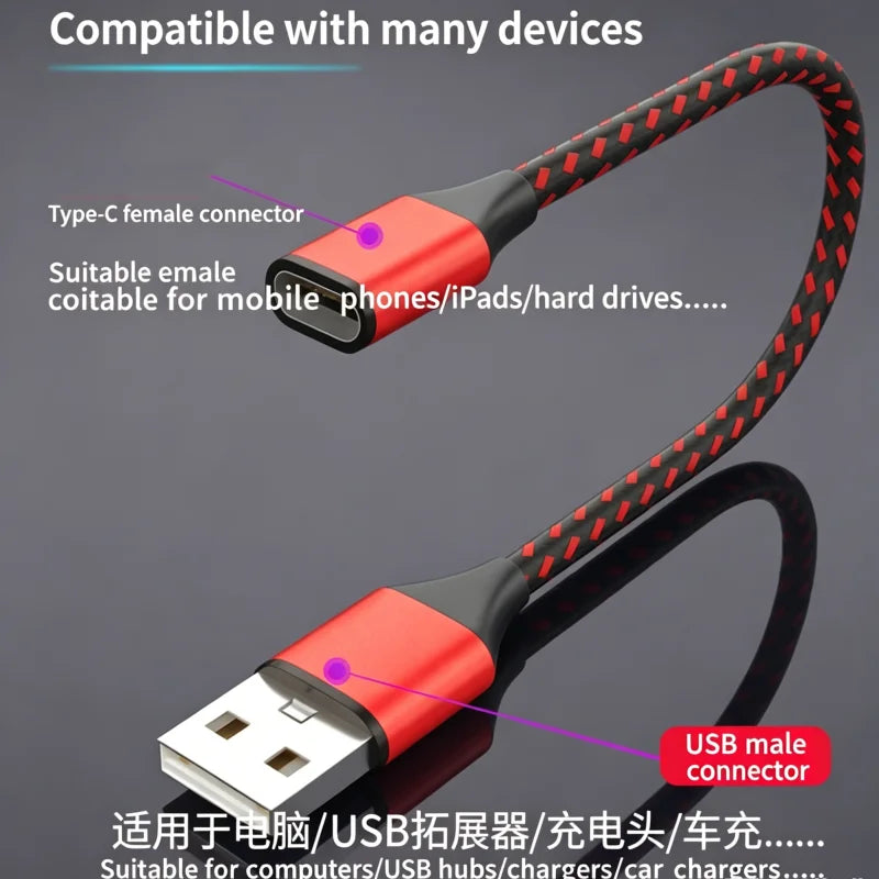 USB-A to USB-C Female Extension Cable 25cm Nylon Braided Fast Charge USB Extension Cable Richie's