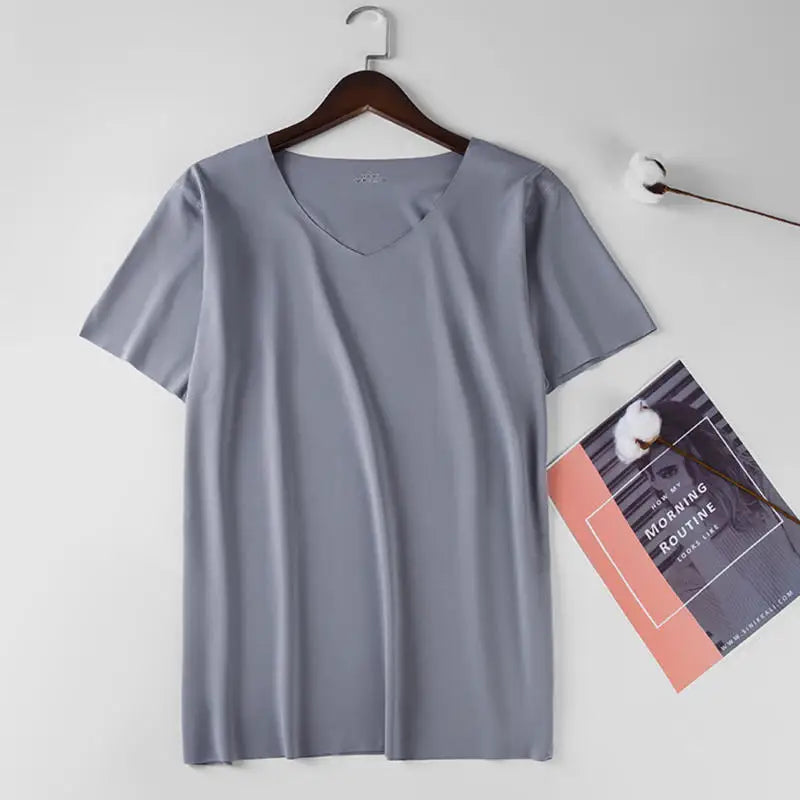 Men's Ice Silk V-Neck Slim Fit Short Sleeve T-Shirt 2025 Men's T-Shirt Richie's Grey L