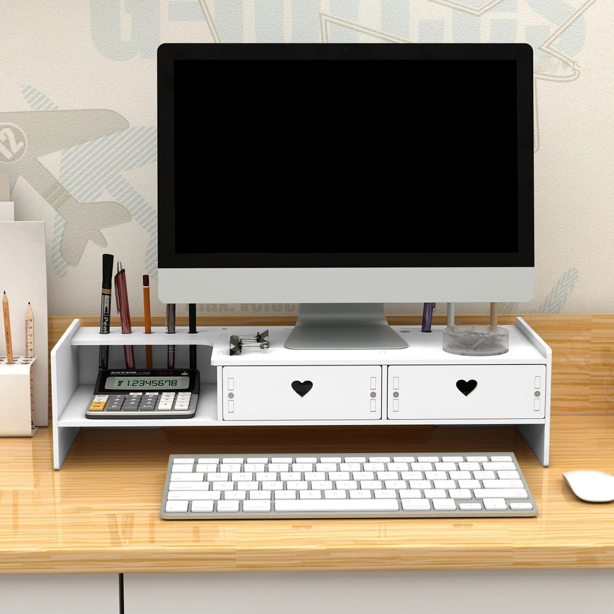 White Monitor Stand Riser with Drawers & Heart Design Monitor Stand Riser Richie's