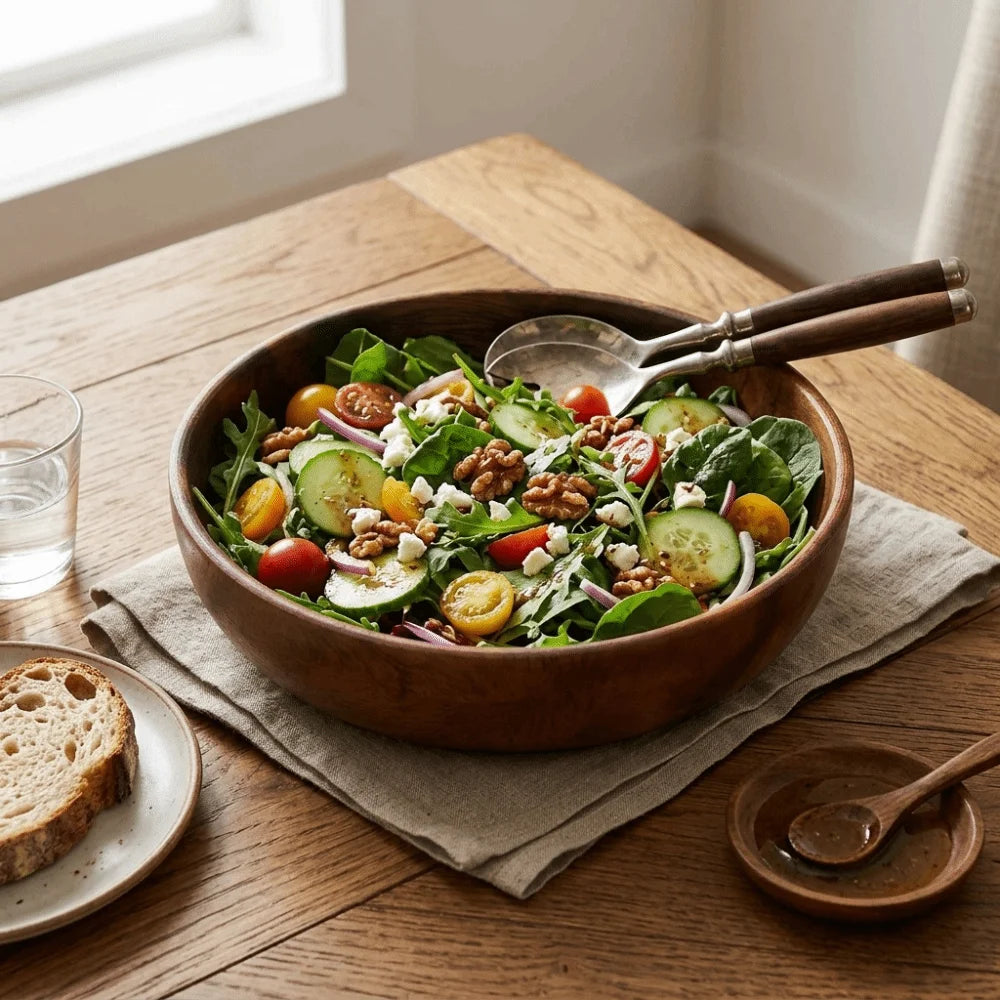 Minimalist Wooden Salad Bowl | Japanese Style Flat Bottom Wooden Serving Bowl Richie's