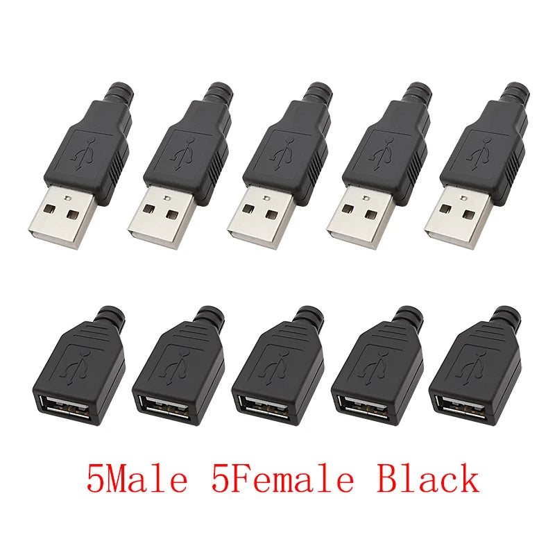 10Pcs USB 2.0 Type A Male Female 4-Pin Soldering Connector USB Soldering Connector Richie's Black 5M 5F
