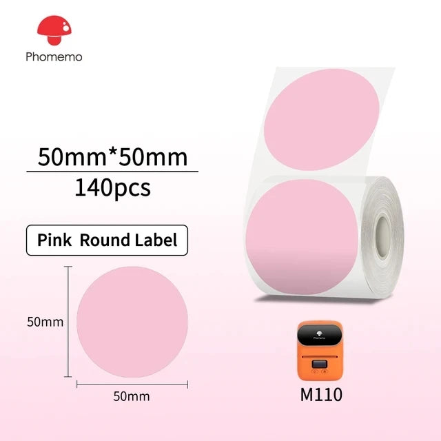 Phomemo M110 M200 M221 Round Transparent Thermal Labels 1.57" Thermal Label Roll Richie's 50x50-140 pink