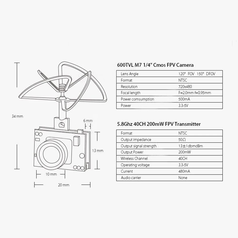 Eachine TX02 Mini AIO FPV Camera 5.8GHz 40CH 200mW VTX RC Drone FPV Camera Transmitter Richie's