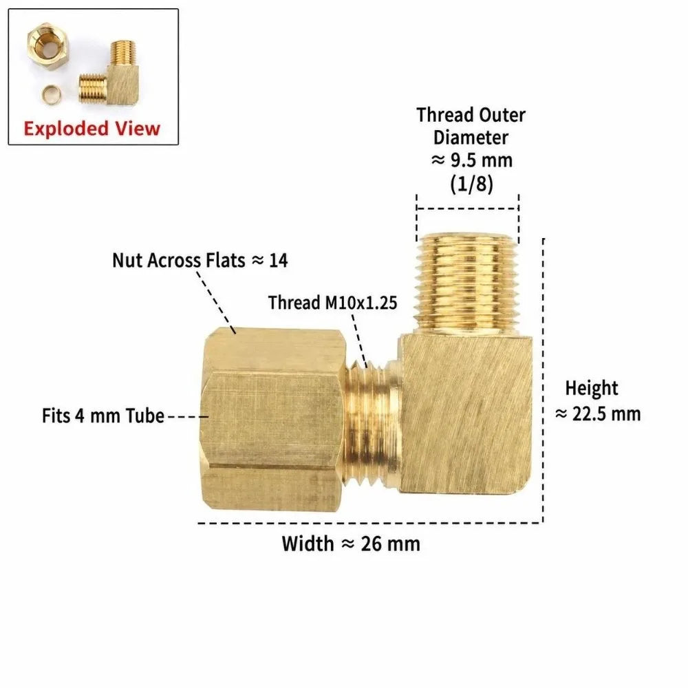 Brass 90° Compression Elbow Fitting Male Thread Tube Connector Compression Pipe Fitting Richie's 1-8- x 4mm