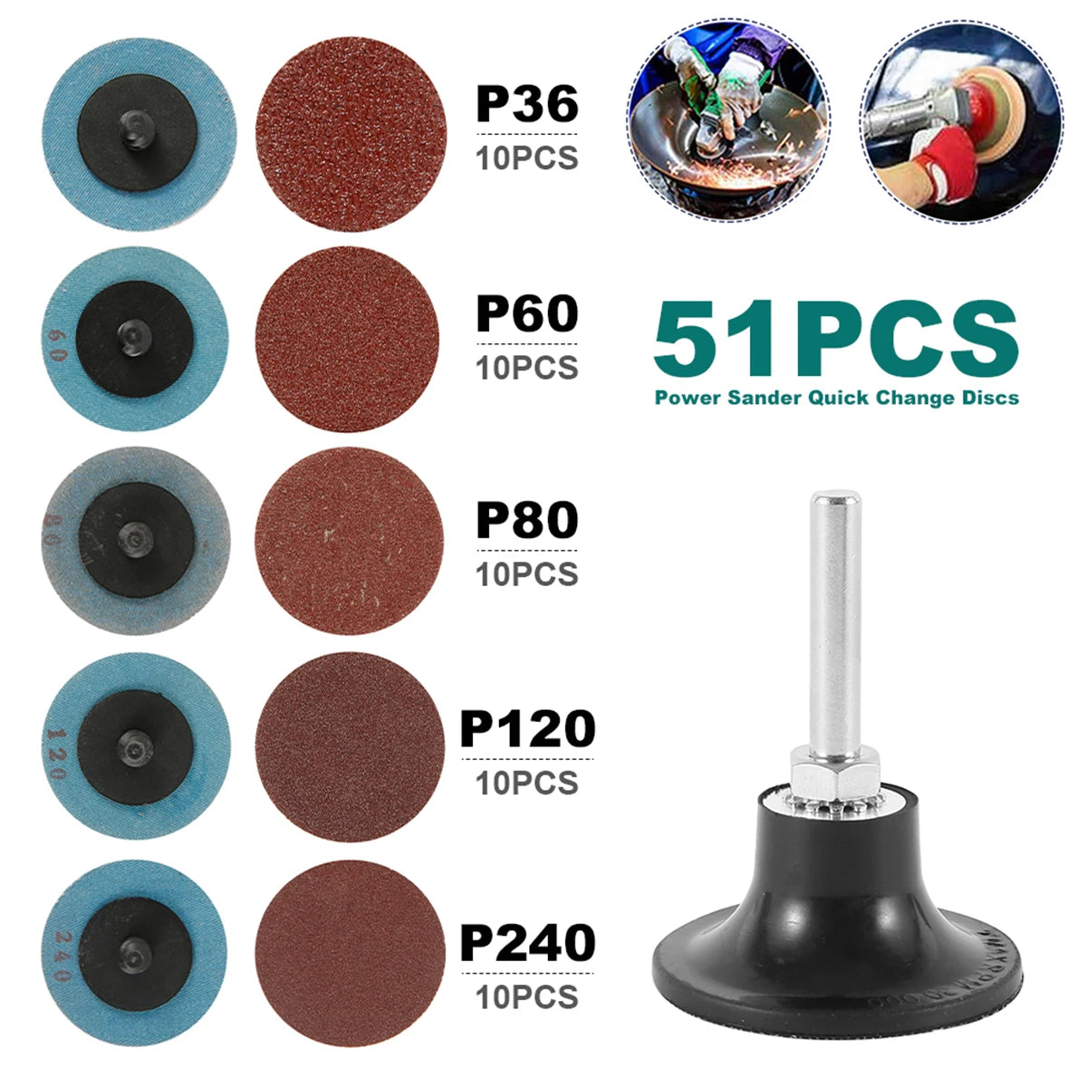 50Pcs Quick Change Sanding Discs 36–240 Grit | Aluminium Oxide Abrasive Sanding Discs Richie's