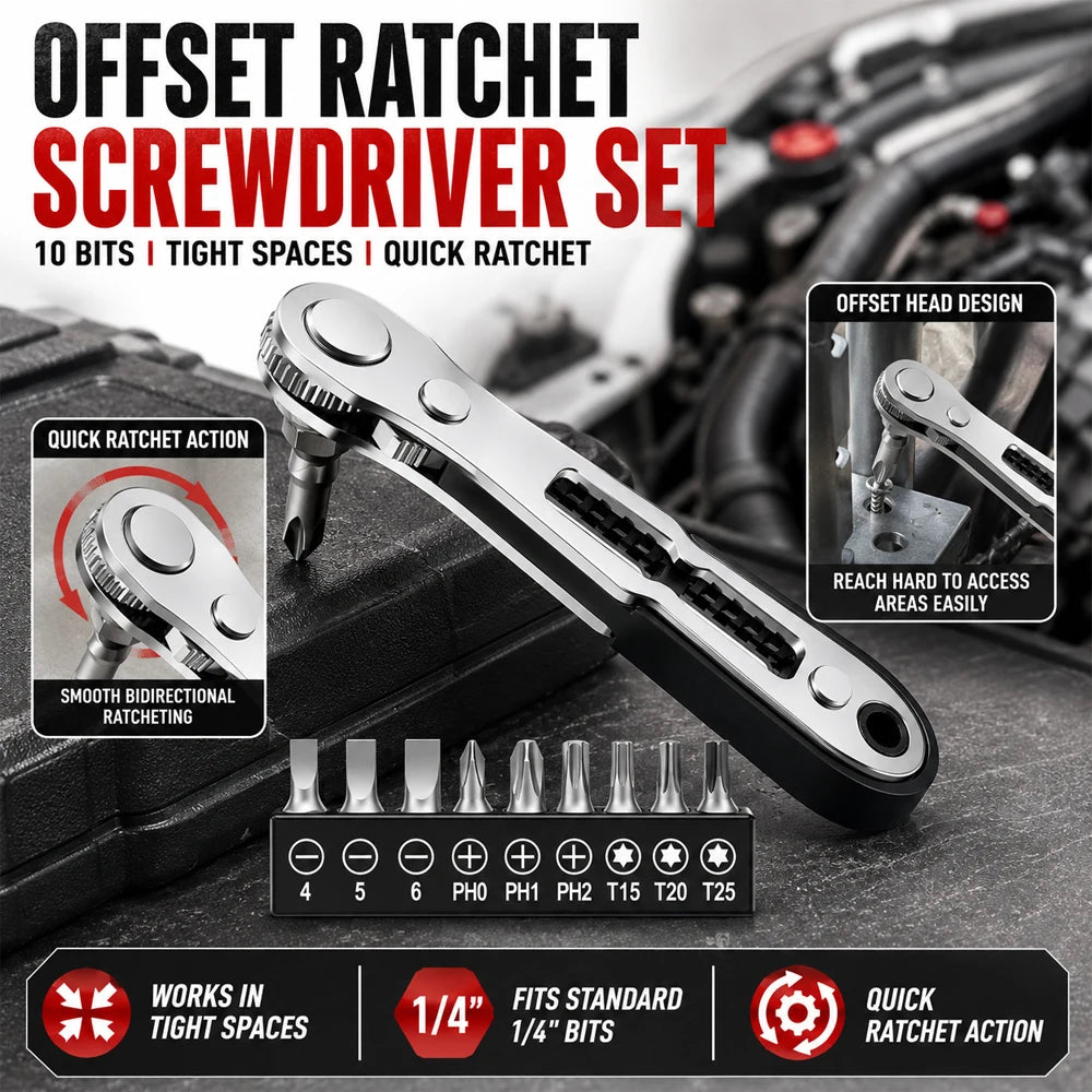 Offset Ratchet Screwdriver Set – Right Angle Driver, 10 Bits Ratchet Screwdriver Set Richie's