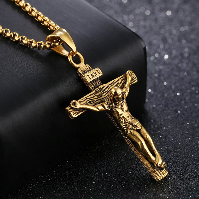 Sacred Crucifix Cross Pendant Necklace – Gold & Silver Steel Cross Pendant Necklace Richie's