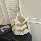 Hollow Flower Woven Cotton Tote Bag – Women's Beach Shoulder Bag Woven Tote Bag Richie's white