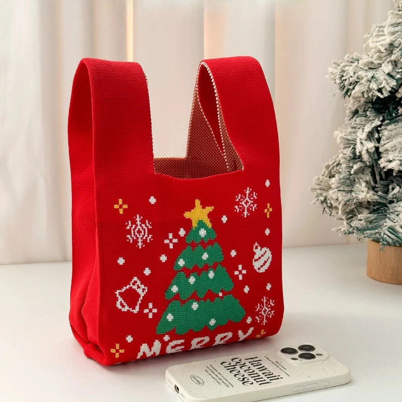 Christmas Knitted Spandex Tote Bag – Santa & Tree Gift Bag Holiday Gift Tote Bag Richie's B 1pc 20X35 CM