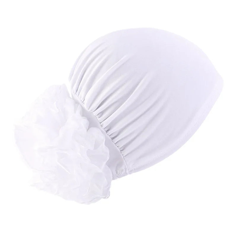 Women's Elastic Turban Cap Flower Hijab Headscarf Beanie Turban Head Wrap Richie's White