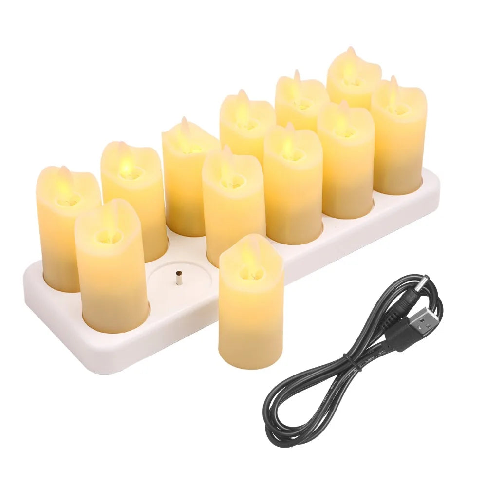 LED Flameless Candles Set 12pc Warm Yellow Rechargeable Base LED Flameless Candles Richie's