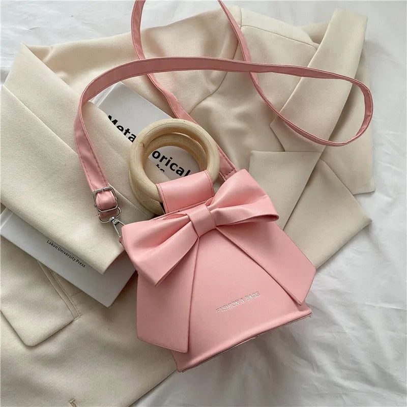 Bow Tie Mini PU Leather Crossbody Bag – Wooden Handle Tote Crossbody Shoulder Bag Richie's Pink