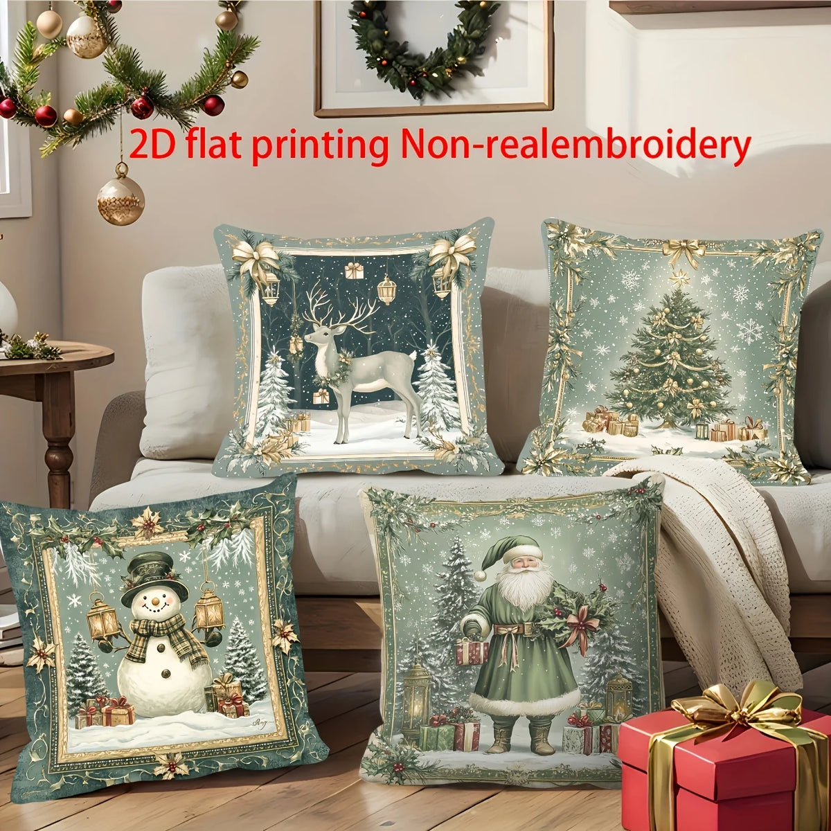 Set of 4 Christmas Cushion Covers – Santa Snowman Elk Print Christmas Cushion Covers Richie's