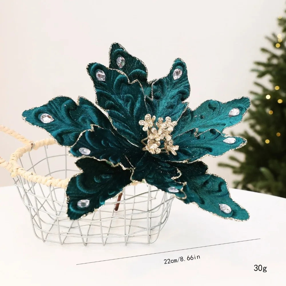 Glitter Poinsettia Artificial Christmas Flower 22cm Decoration Christmas Artificial Flower Richie's Green