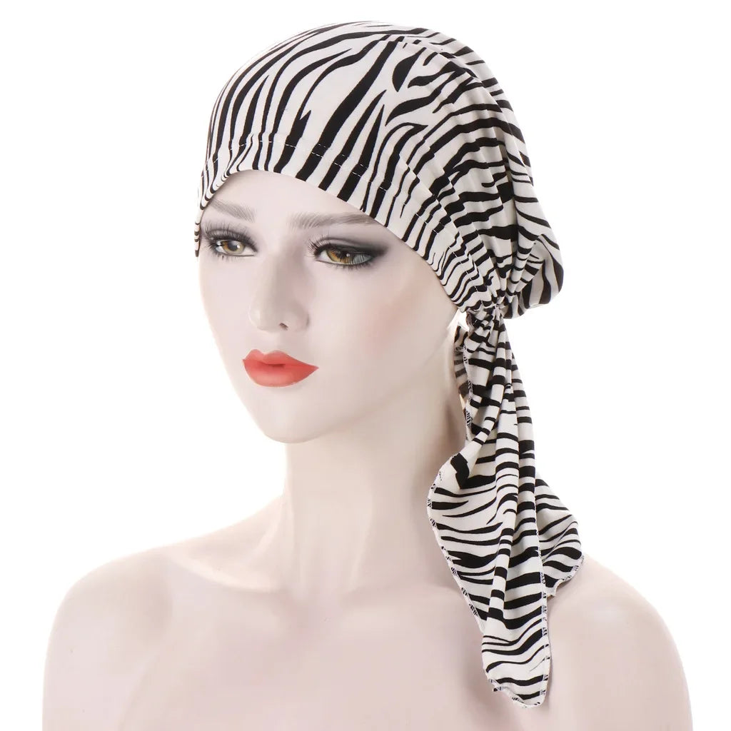 Women's Printed Pre-Tied Turban Cap Hijab Headscarf Bandana Turban Headscarf Cap Richie's beige zebra print